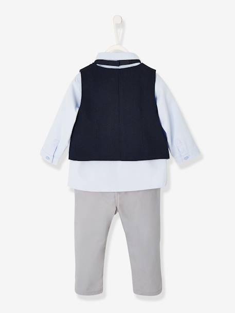 Conjunto para bebé niño de ceremonia con chaleco de punto + camisa + pajarita + pantalón AZUL OSCURO LISO 