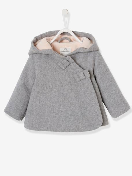Abrigo con capucha para bebé niña de paño de lana forrado y guateado GRIS CLARO JASPEADO+ROSA MEDIO LISO 