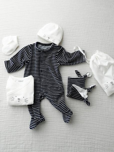 Pijamas y bodies bebé-Bebé-Conjuntos-Conjunto para recién nacido de 5 prendas y bolsa a rayas gatito