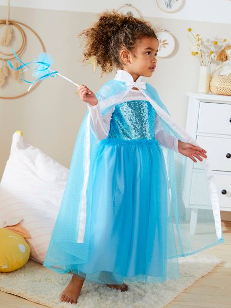 Disfraz de princesa con capa, varita y corona azul+blanco 