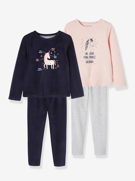 Pack de 2 pijamas de terciopelo «unicornio» para niña ROSA CLARO LISO CON MOTIVOS 