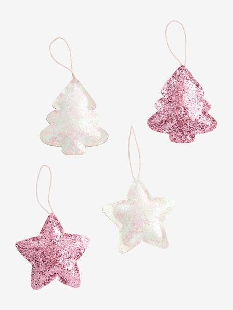 Pack de 4 decoraciones de Navidad con purpurina ROSA OSCURO LISO CON MOTIVOS 