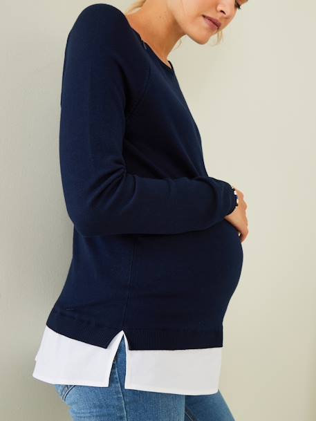 Jersey de dos materias para embarazo y lactancia AZUL OSCURO LISO+beige maquillaje 