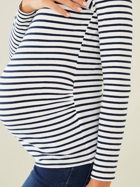 Camiseta para embarazo de manga larga BLANCO CLARO A RAYAS+ocre 