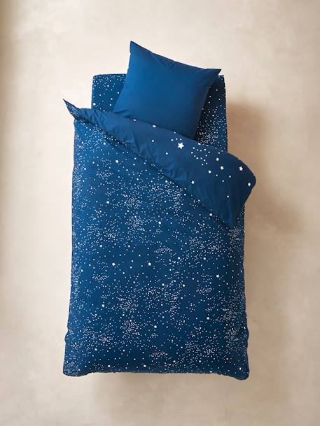 Conjunto de funda nórdica con detalles fluorescentes + funda de almohada infantil Ours Polaire AZUL OSCURO LISO CON MOTIVOS 