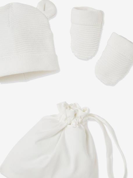 Conjunto de gorra, manoplas y patucos para recién nacido, con bolsa a juego Oeko-Tex® BLANCO MEDIO LISO+VERDE CLARO LISO 