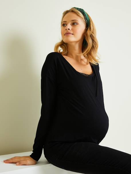 Camiseta para embarazo y lactancia con encaje NEGRO OSCURO LISO 