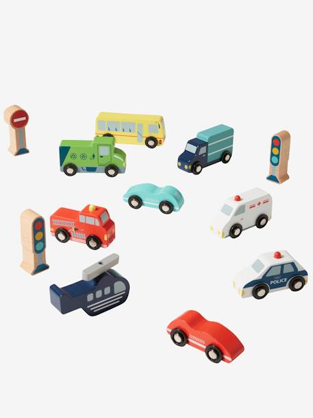 Conjunto de vehículos y accesorios de madera rojo 