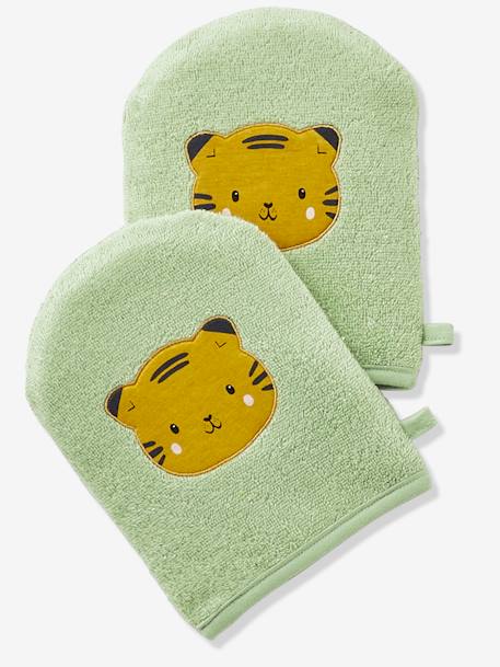 Pack de 2 manoplas de baño Panda Amarillo oscuro liso con motiv+VERDE MEDIO LISO CON MOTIVOS 