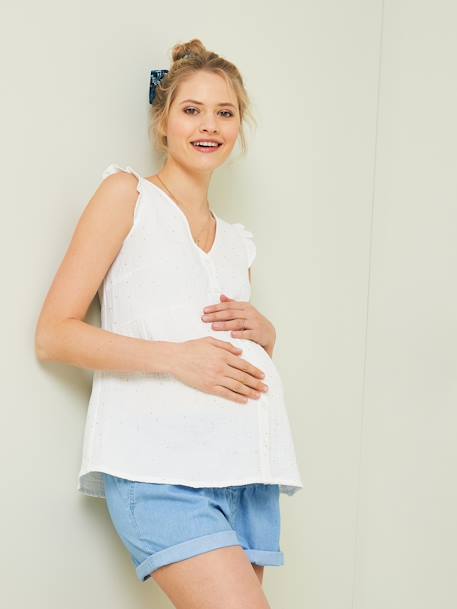 Blusa para embarazo y lactancia de gasa de algodón BLANCO CLARO ESTAMPADO+VERDE MEDIO LISO CON MOTIVOS 