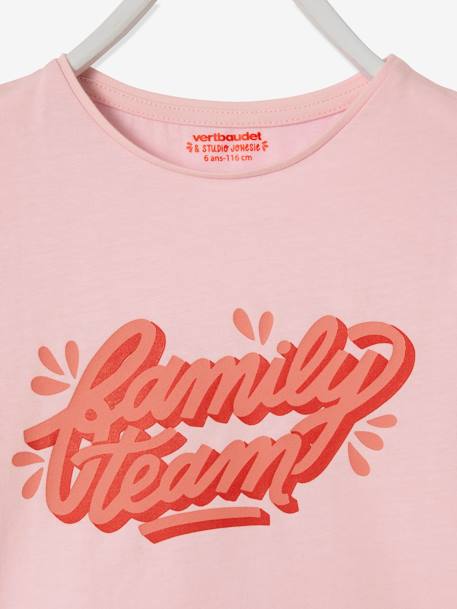 Camiseta para niña Family Team colección cápsula Vertbaudet y Studio Jonesie de algodón orgánico ROSA CLARO LISO CON MOTIVOS 