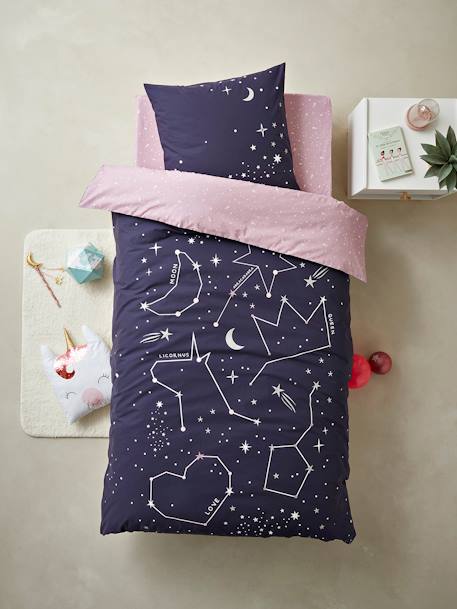 Conjunto de funda nórdica + funda de almohada con detalles fluorescentes Miss Constellation AZUL OSCURO LISO CON MOTIVOS 