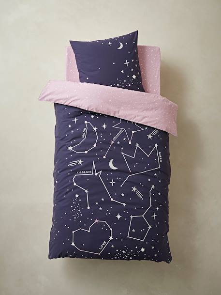 Conjunto de funda nórdica + funda de almohada con detalles fluorescentes Miss Constellation AZUL OSCURO LISO CON MOTIVOS 