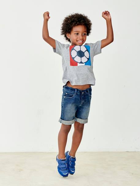 Camiseta fútbol con motivo de balón en relieve, para niño GRIS MEDIO JASPEADO 