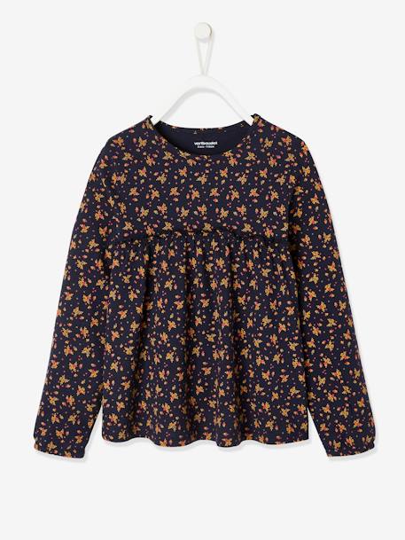 Camiseta blusa con flores, para niña AZUL OSCURO ESTAMPADO 