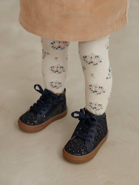 Zapatillas de caña alta de piel con cordones, para bebé niña AZUL OSCURO LISO CON MOTIVOS 