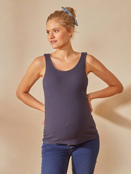 Camiseta sin mangas para embarazo y lactancia con sujetador top integrado AZUL OSCURO LISO+GRIS CLARO JASPEADO 