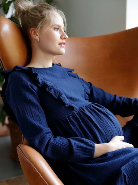 Vestido de gasa de algodón para embarazo y lactancia AZUL OSCURO LISO 