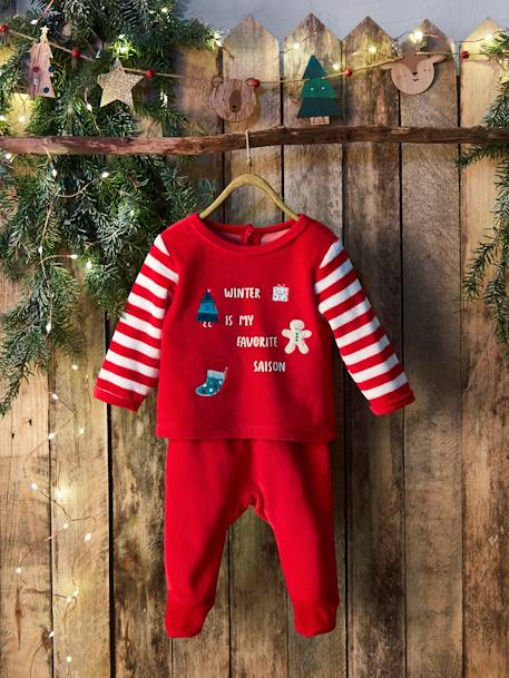 Pijama 2 prendas de terciopelo bebé Navidad ROJO OSCURO LISO CON MOTIVOS 