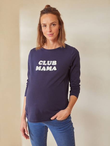 Camiseta con mensaje para embarazo y lactancia de algodón orgánico AZUL OSCURO LISO 