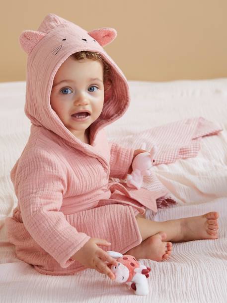 Albornoz para bebé Animal de gasa de algodón orgánico, personalizable ROSA MEDIO LISO+VERDE MEDIO LISO 