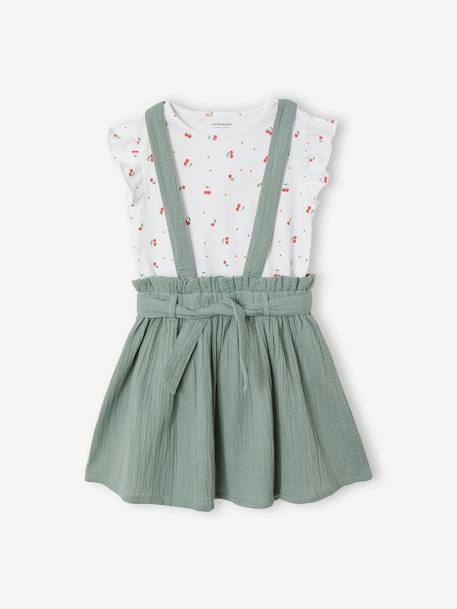 Conjunto niña camiseta a rayas + falda de gasa de algodón coral+lila+VERDE CLARO LISO+verde sauce 