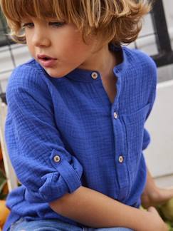 Niño-Camisas-Camisa de gasa de algodón con mangas remangables, para niño