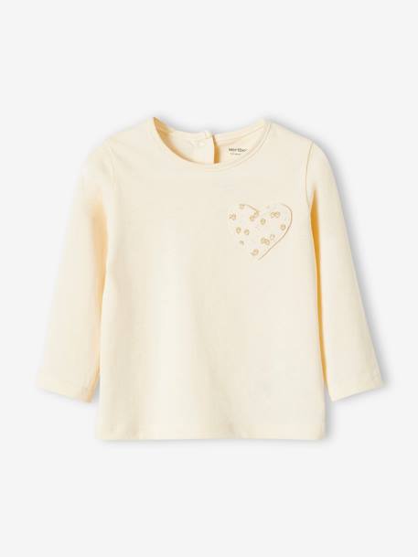 Camiseta bebé niña con bolsillo con corazón y fresas BEIGE CLARO LISO CON MOTIVOS 