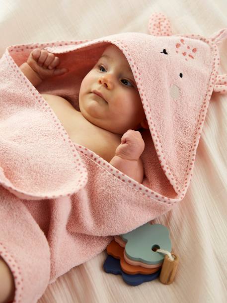 Capa de baño con capucha bordado animales bebé - rosa medio liso