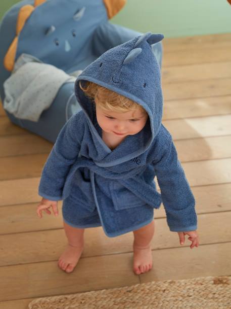 Albornoz para bebé personalizable Pequeño Dinosaurio azul oscuro
