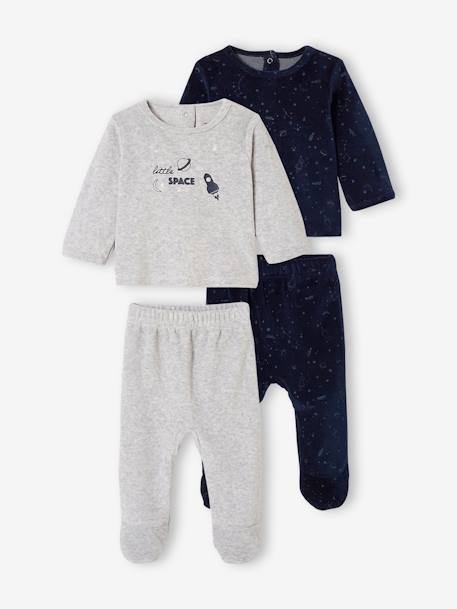 Ecorresponsables-Bebé-Pack de 2 pijamas de terciopelo con planetas fluorescentes, para bebé niño