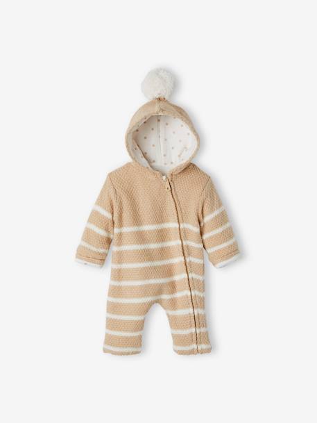 Mono de punto tricot para bebé recién nacido con forro BEIGE MEDIO A RAYAS+BLANCO CLARO A RAYAS 