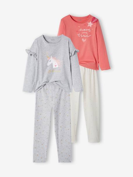 Pack de 2 pijamas Unicornio, niña GRIS CLARO LISO CON MOTIVOS 