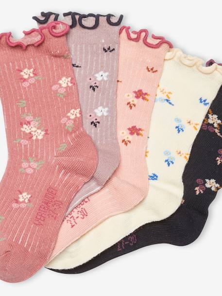 Pack de 5 pares de calcetines con volantes de flores, niña AZUL FUERTE BICOLOR/MULTICOLOR 