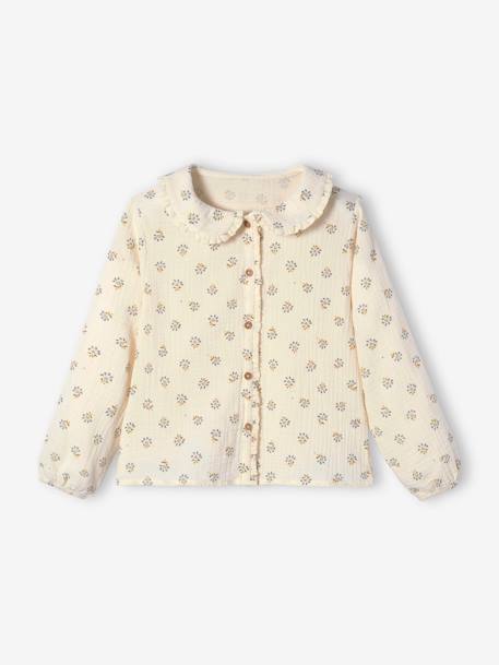Blusa de gasa de algodón con detalles de volantes y motivos estampados, para niña BLANCO MEDIO ESTAMPADO+capuchino 
