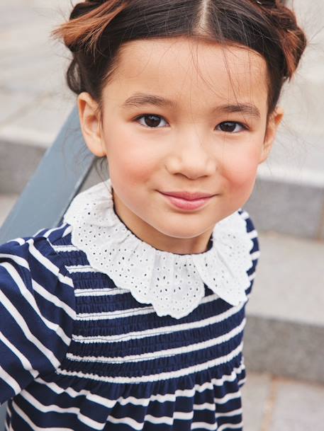 Camiseta blusa cuello de bordado inglés, niña AZUL OSCURO A RAYAS+rosa maquillaje 