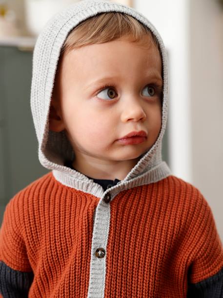 Chaqueta de punto tricot para bebé con capucha ROJO OSCURO LISO CON MOTIVOS 
