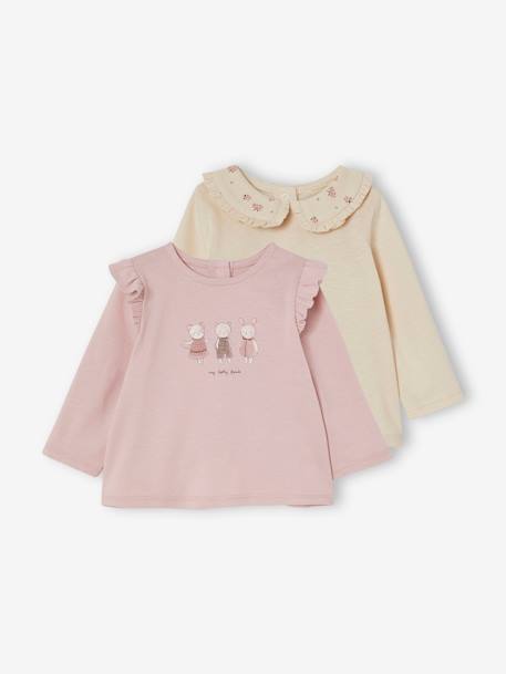 Pack de 2 camisetas románticas de manga larga para bebé ROSA MEDIO BICOLOR/MULTICOLOR 
