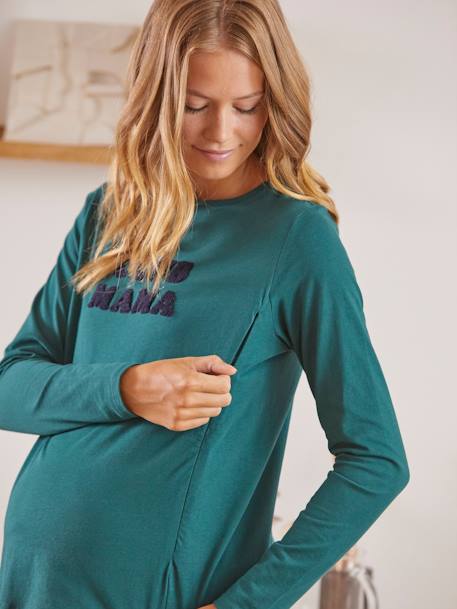 Camiseta con mensaje para embarazo y lactancia de algodón orgánico VERDE OSCURO LISO CON MOTIVOS 