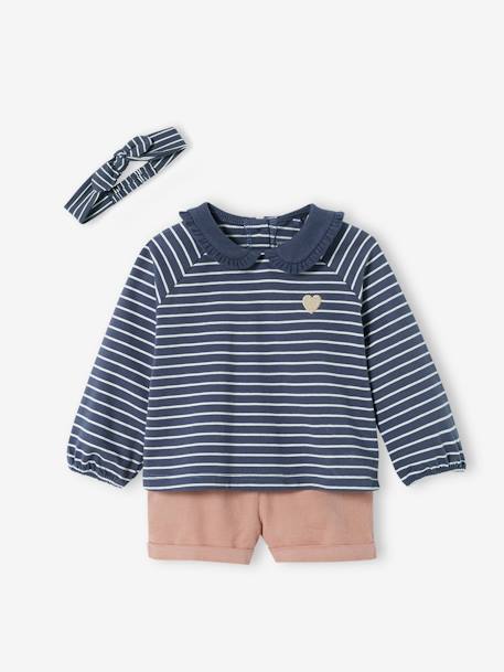 Conjunto de 3 prendas con short de terciopelo, camiseta y cinta del pelo, para bebé AZUL OSCURO A RAYAS 