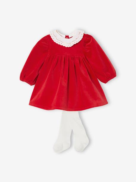 Vestido de terciopelo para bebés con leotardos a juego rojo 