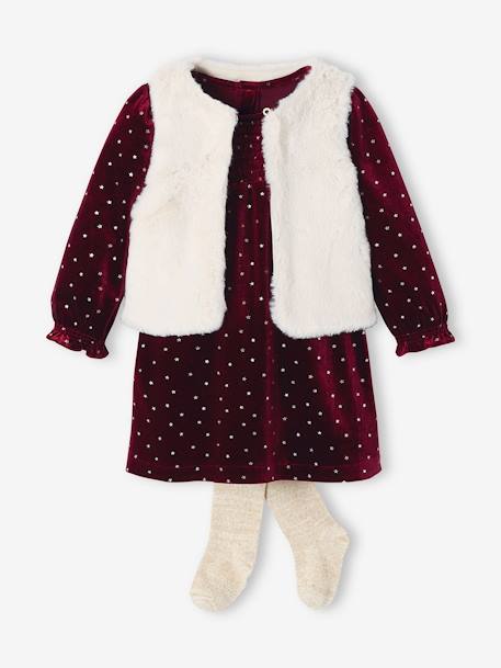 Conjunto bebé: vestido de terciopelo + chaleco de pelo sintético + leotardos burdeos 