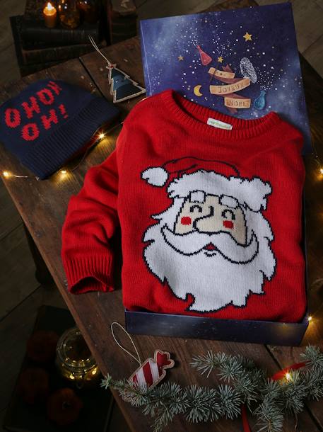 Caja de Navidad jersey divertido y gorro para niño rojo 