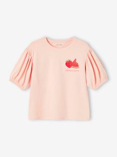 Camiseta con mangas abullonadas y motivo de fruta en el pecho, para niña