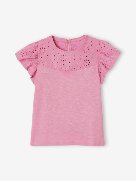 Camiseta para niña con bordado inglés y mangas con volantes AZUL MEDIO LISO+Blanco claro liso+coral+fucsia+malva+VERDE CLARO LISO 