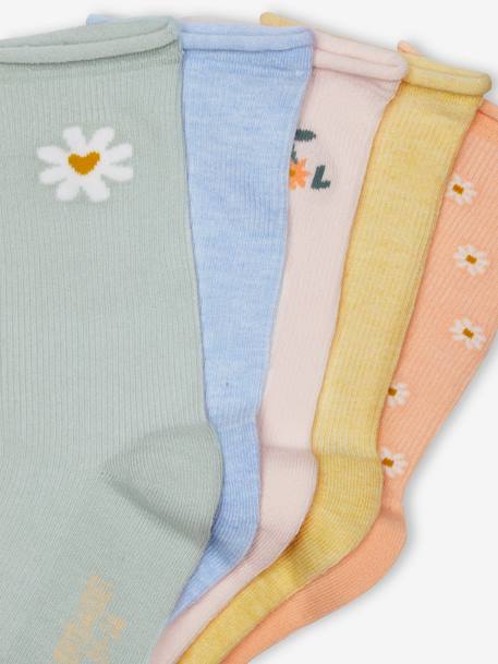 Pack de 5 pares de calcetines de punto de canalé «Margaritas» para niña albaricoque 