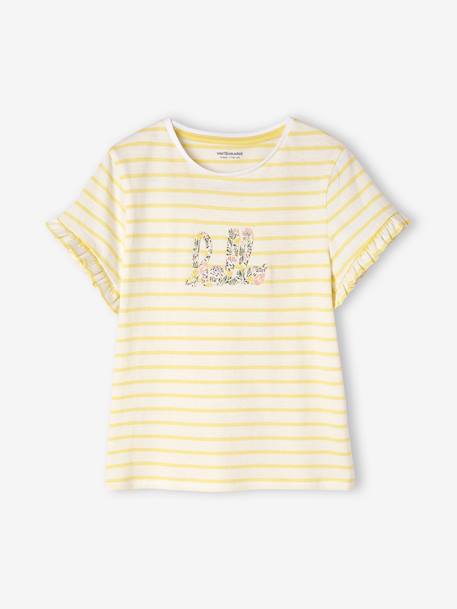Camiseta a rayas para niña de manga corta con volantes crudo 