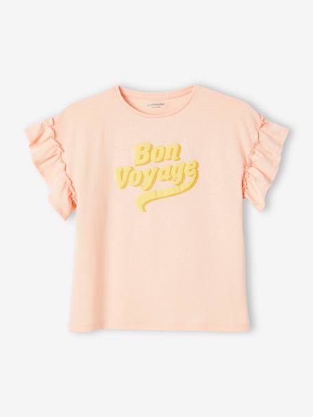 Camiseta con mensaje de tinta en relieve y manga corta con volantes, para niña rosa rosa pálido 