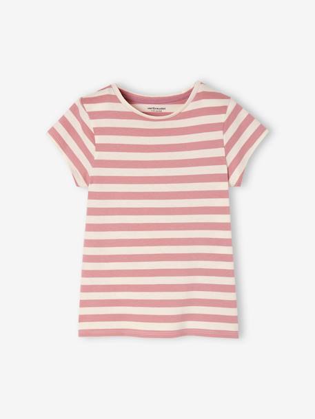 Pack de 3 camisetas surtidas con detalles irisados, para niña albaricoque maquillaje+AZUL OSCURO LISO CON MOTIVOS+MARRON CLARO LISO CON MOTIVOS+rosa frambuesa 