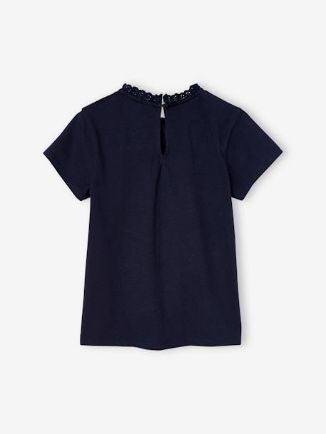 Camiseta personalizable, de manga corta con cuello para niña azul marino+crudo 